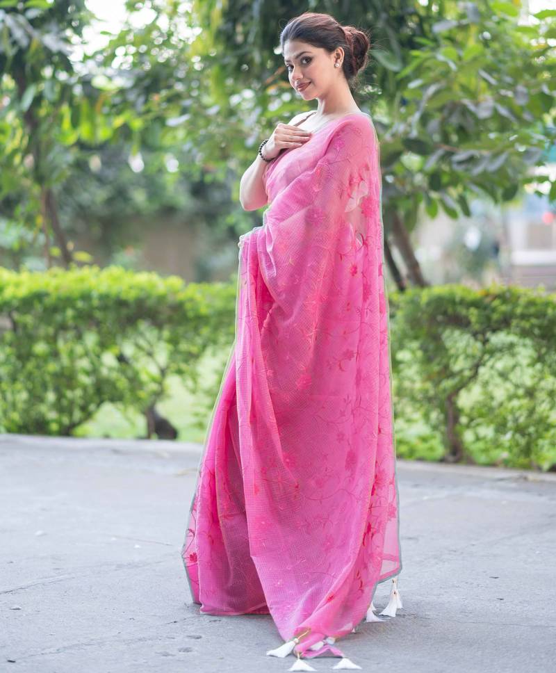 pink whisper embroidered kota doria saree