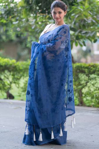 blue lagoon bliss embroidered kota doria saree
