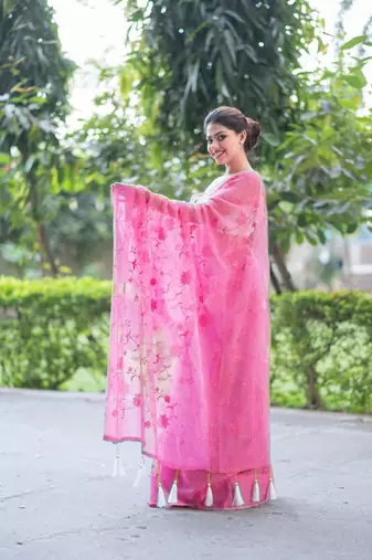 pink whisper embroidered kota doria saree