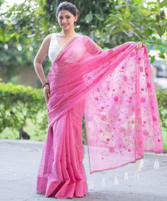 pink whisper embroidered kota doria saree 4