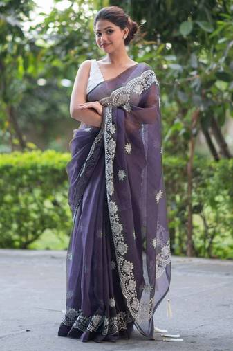 lavender lullaby embroidered kota doria saree