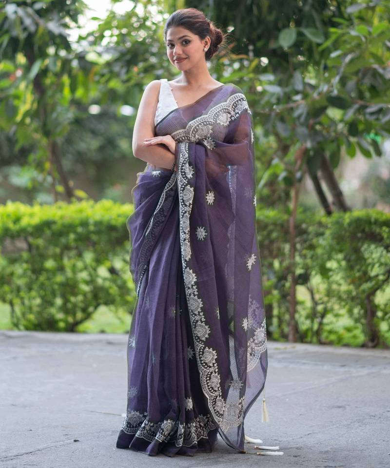 lavender lullaby embroidered kota doria saree