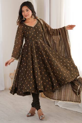 brown silk festive kurta set