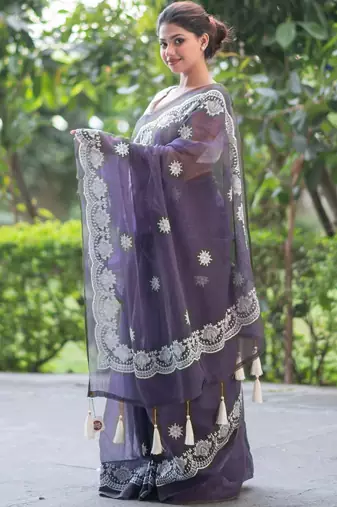 lavender lullaby embroidered kota doria saree