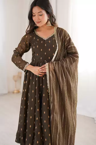 brown silk festive kurta set