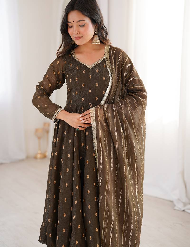 brown silk festive kurta set