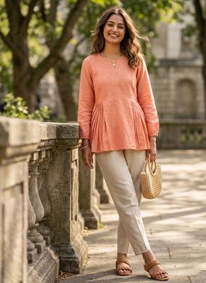 peach linen festive top and bottom 1