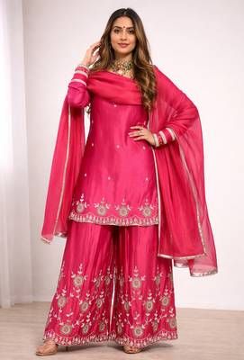 pink shimmer silk festive kurta set 1