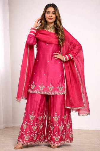 pink shimmer silk festive kurta set