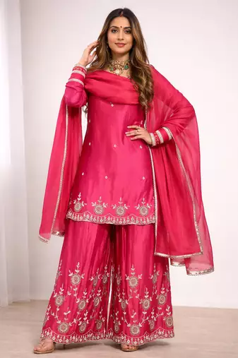 pink shimmer silk festive kurta set