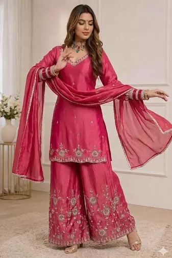 pink shimmer silk festive kurta set