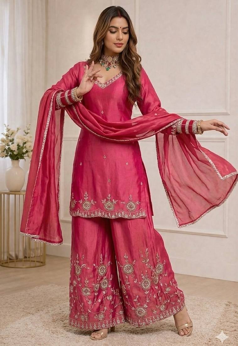 pink shimmer silk festive kurta set