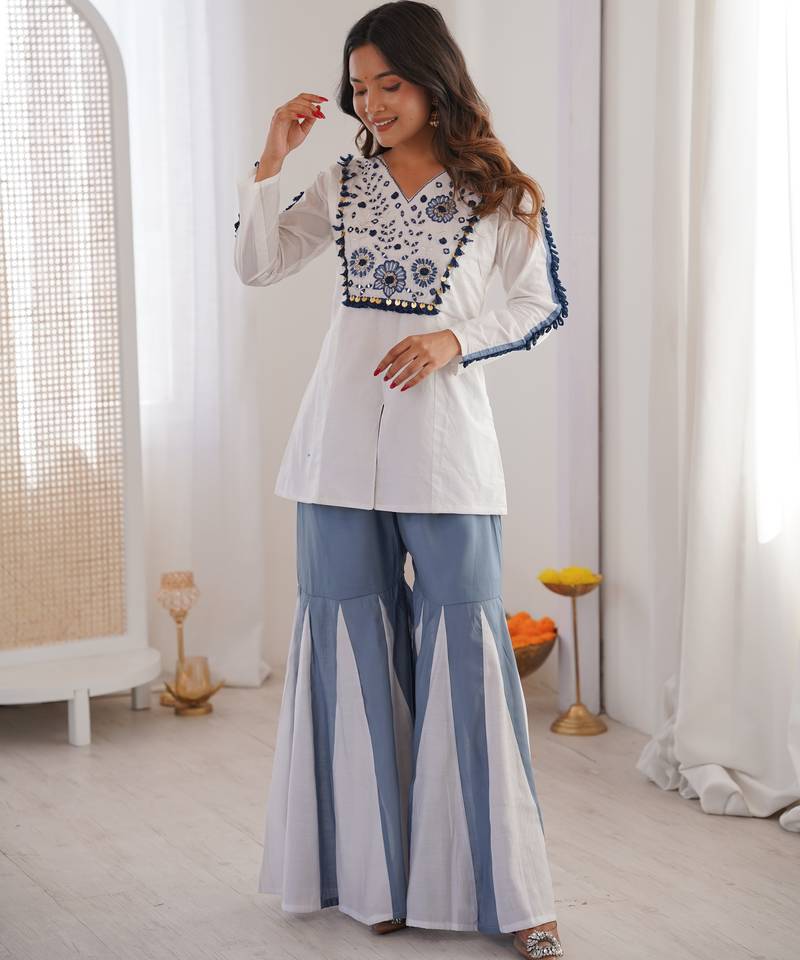 white roman silk festive top and bottom