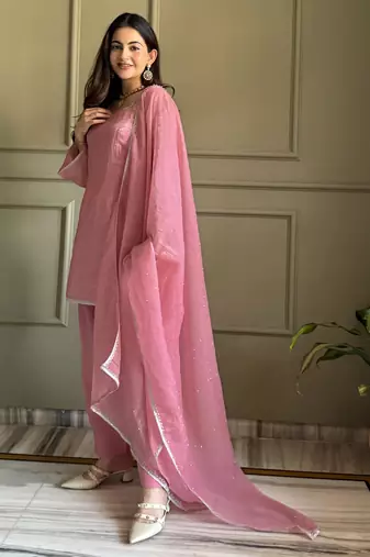 pink silk festive kurta set