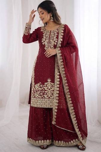 maroon silk festive kurta set