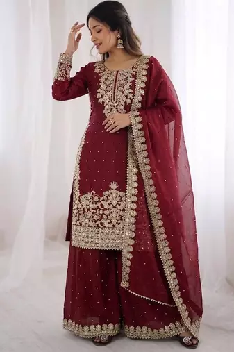 maroon silk festive kurta set