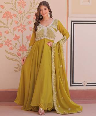 parrot-green georgette festive wear anarkali 1