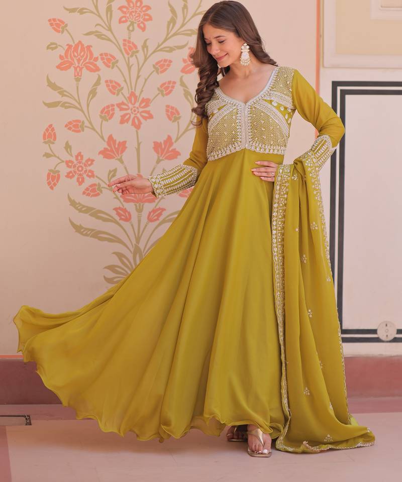 parrot-green georgette festive wear anarkali