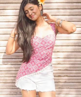 Candy Pink Sleeveless Crop Top with Shell/Tassel Accent 4