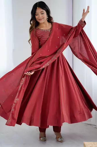 maroon chanderi silk festive kurta set