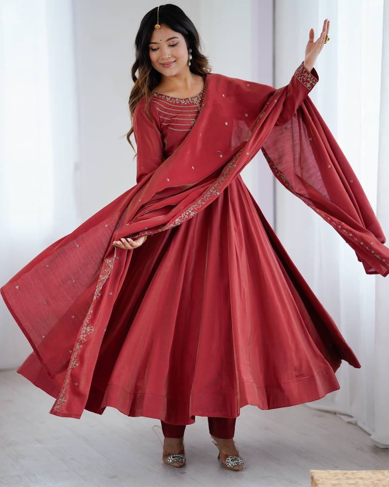 maroon chanderi silk festive kurta set