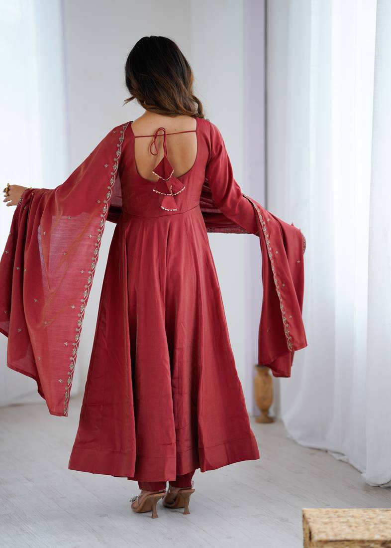 maroon chanderi silk festive kurta set