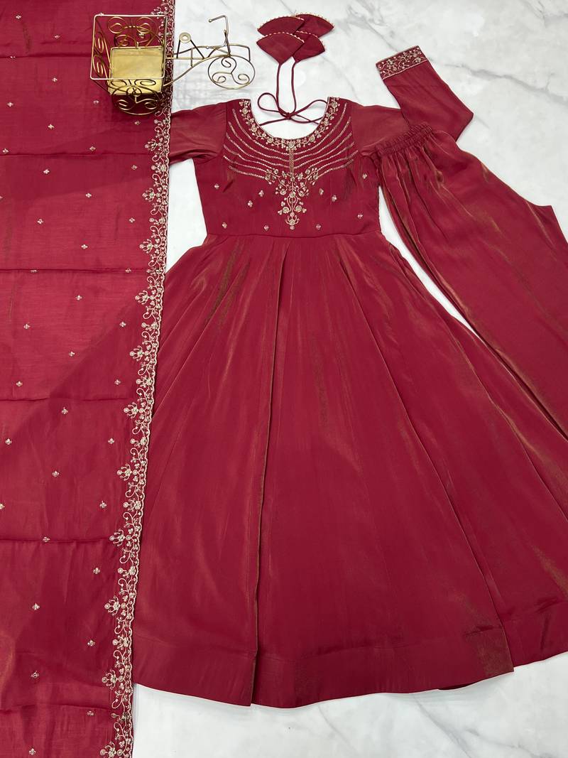 maroon chanderi silk festive kurta set