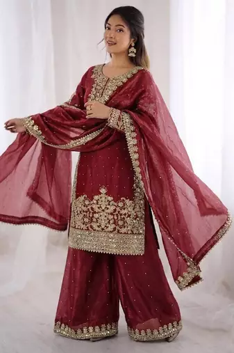 maroon silk festive kurta set