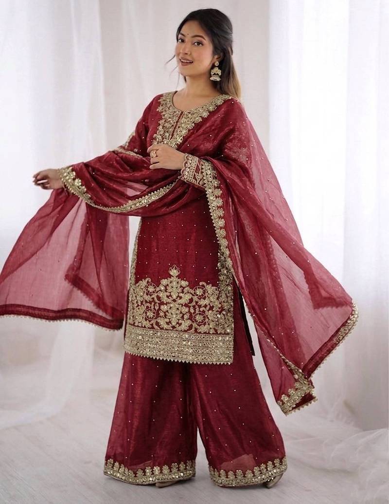 maroon silk festive kurta set