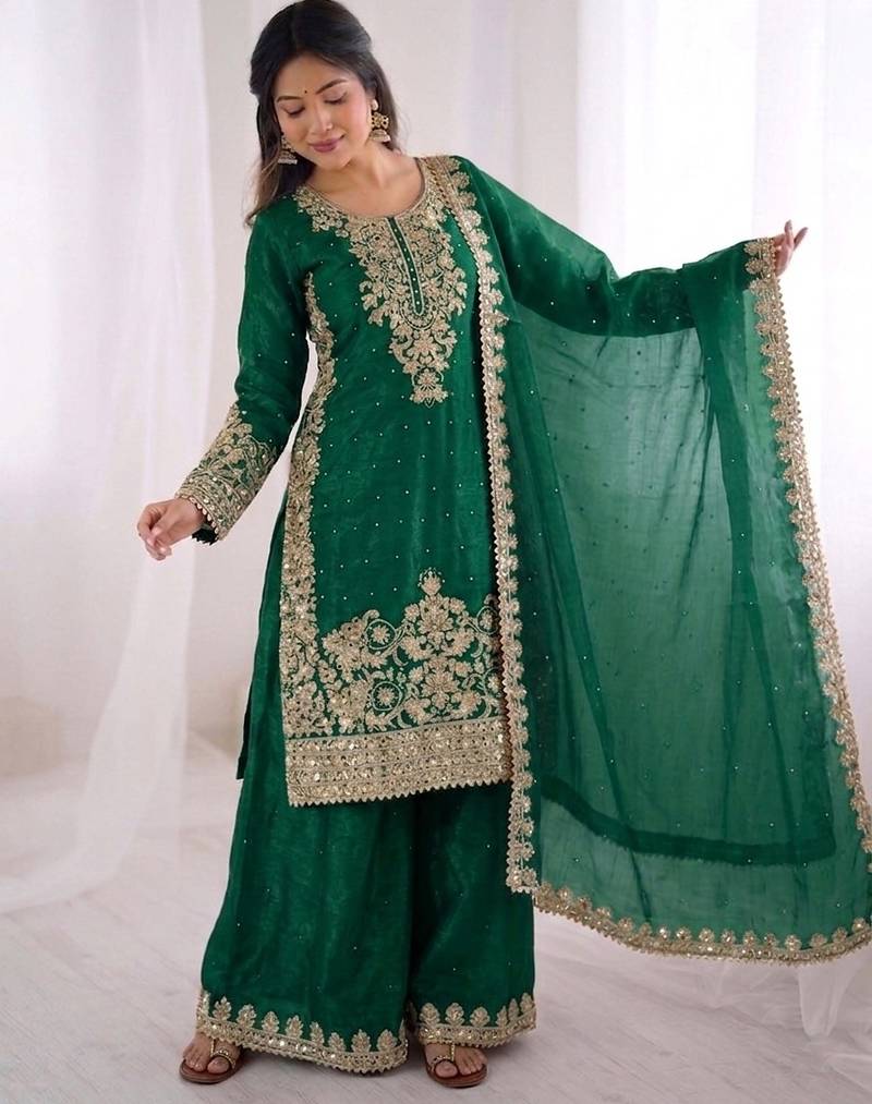 green silk festive kurta set