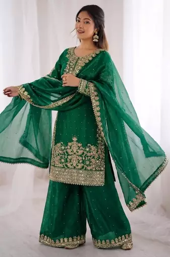green silk festive kurta set