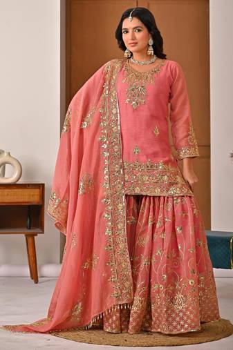 light-peach silk festive kurta set