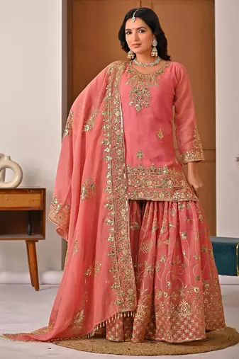 light-peach silk festive kurta set
