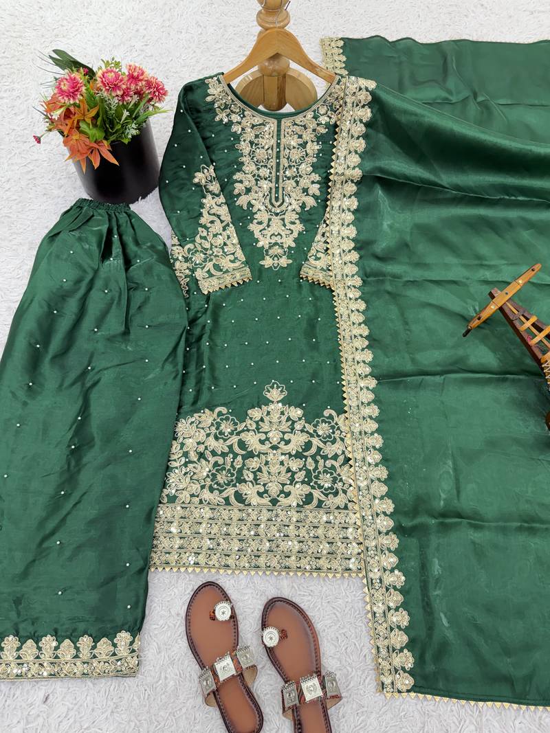 green silk festive kurta set