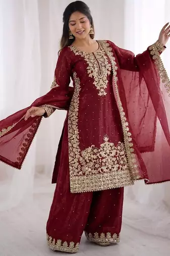 maroon silk festive kurta set