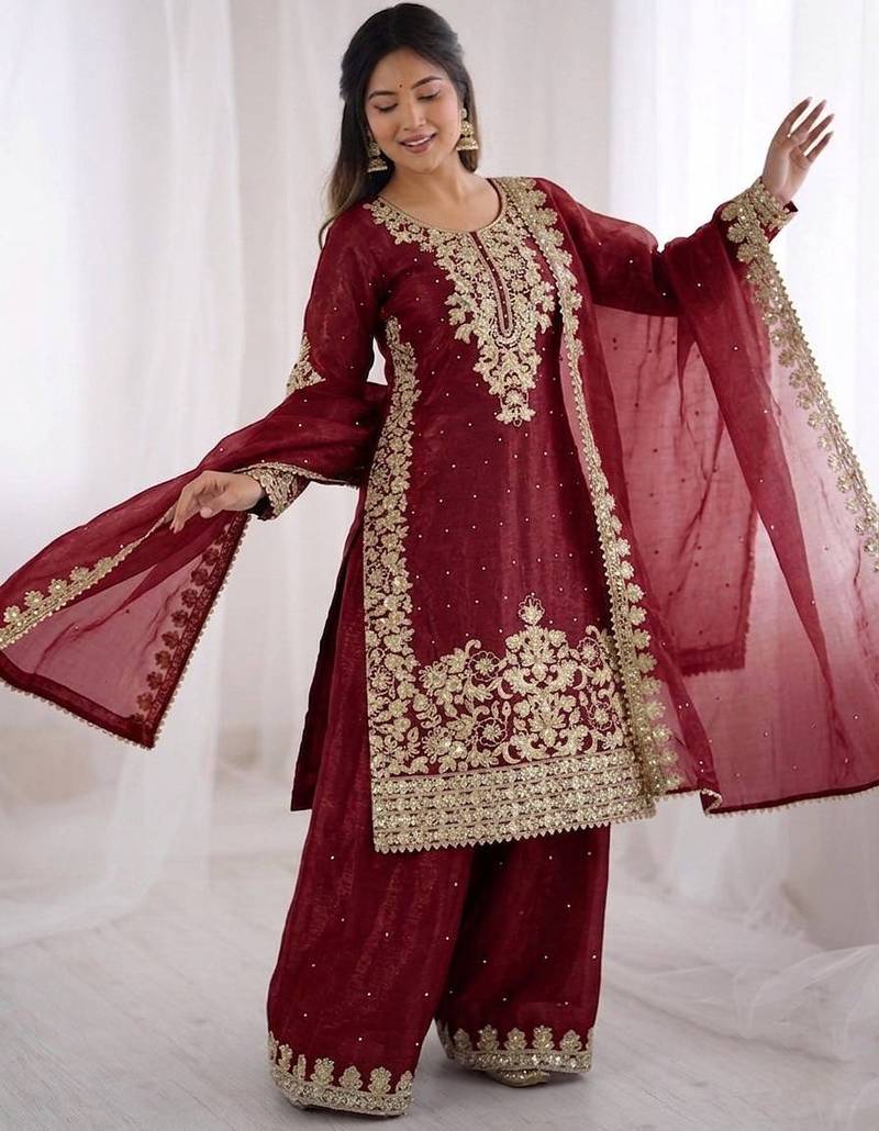 maroon silk festive kurta set