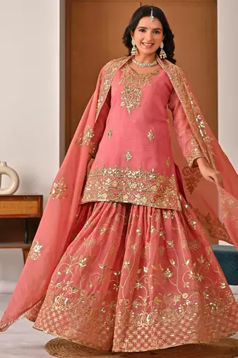light-peach silk festive kurta set