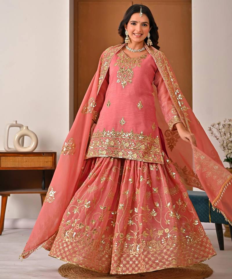 light-peach silk festive kurta set
