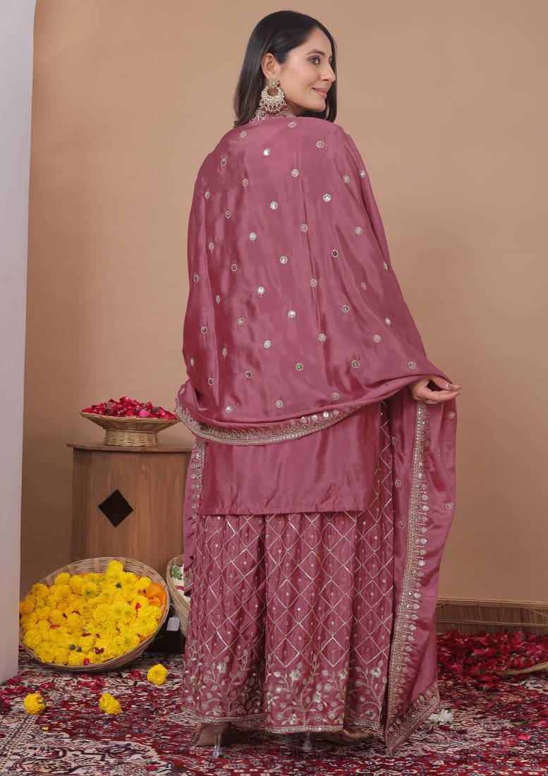 pink chinon festive kurta set