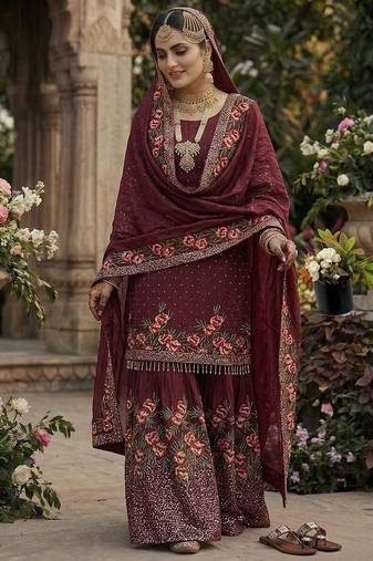 maroon silk festive kurta set