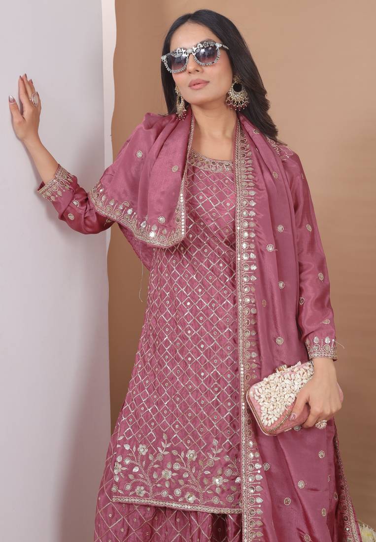 pink chinon festive kurta set