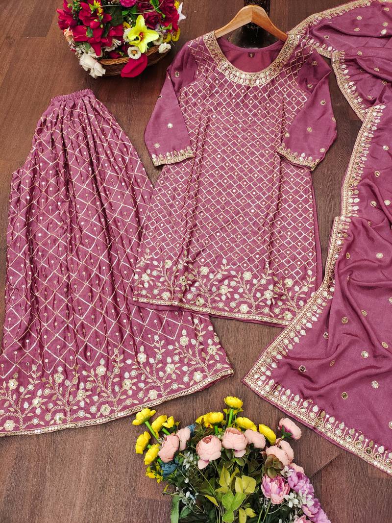 pink chinon festive kurta set