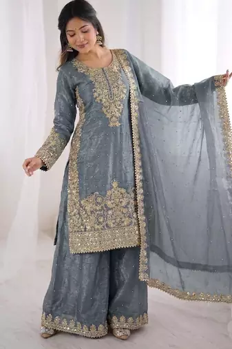 grey silk festive kurta set