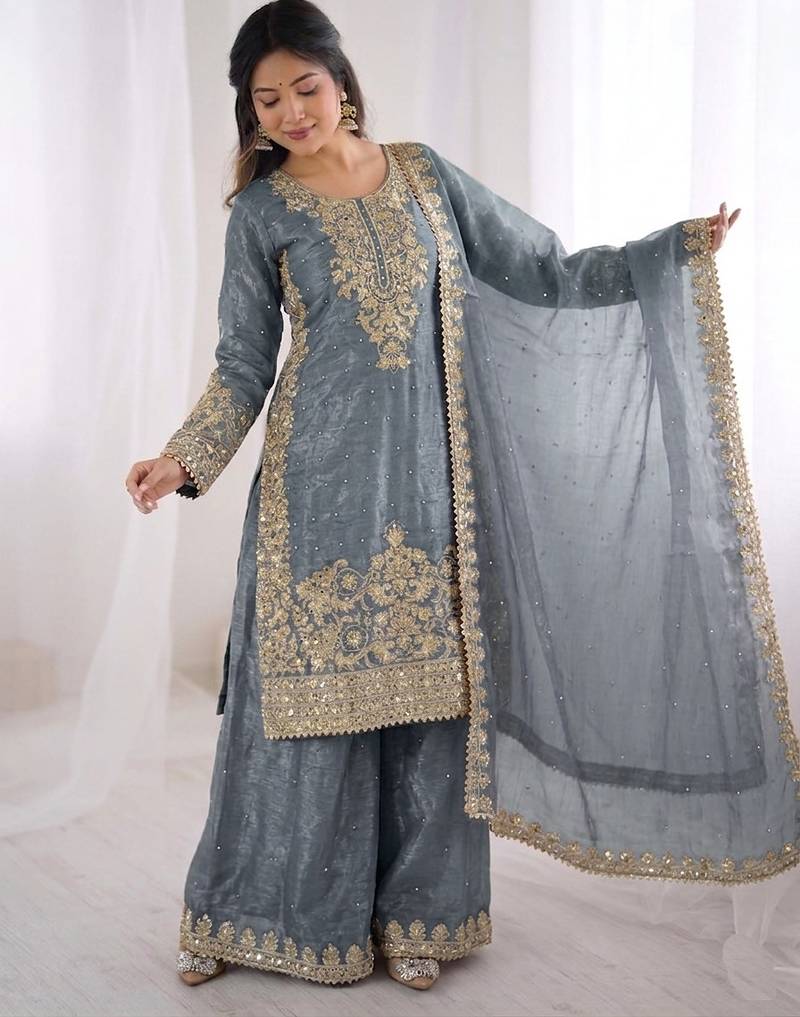 grey silk festive kurta set