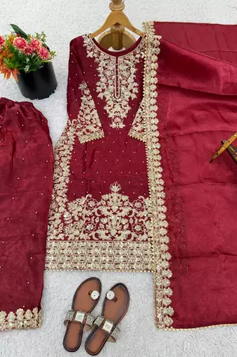 maroon silk festive kurta set