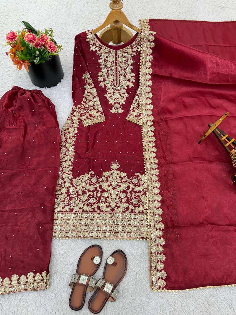 maroon silk festive kurta set