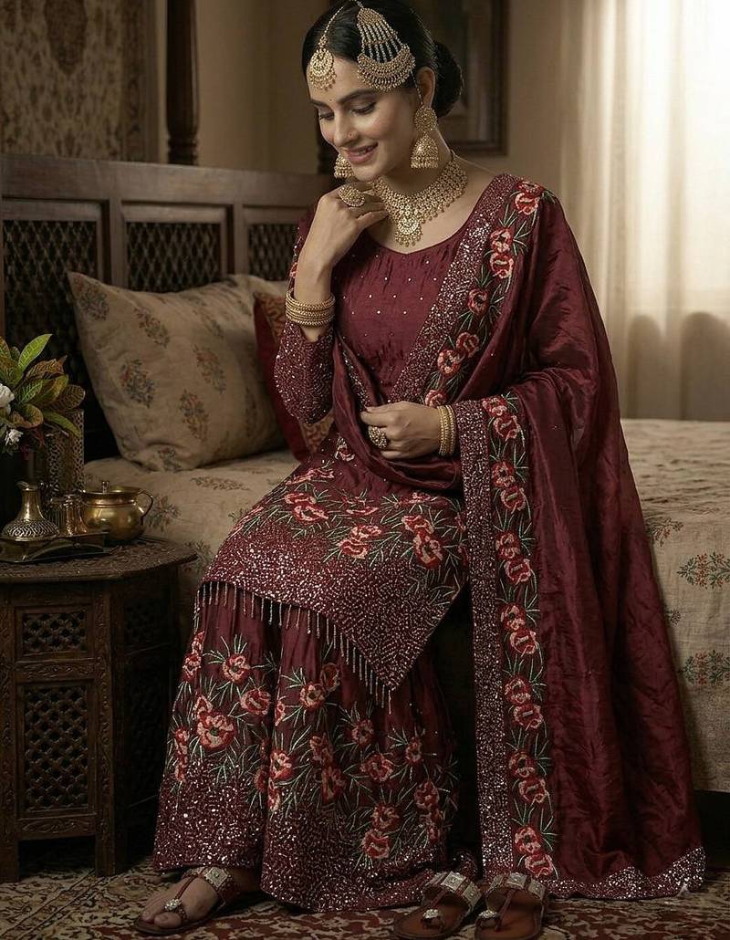 maroon silk festive kurta set