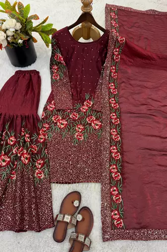 maroon silk festive kurta set