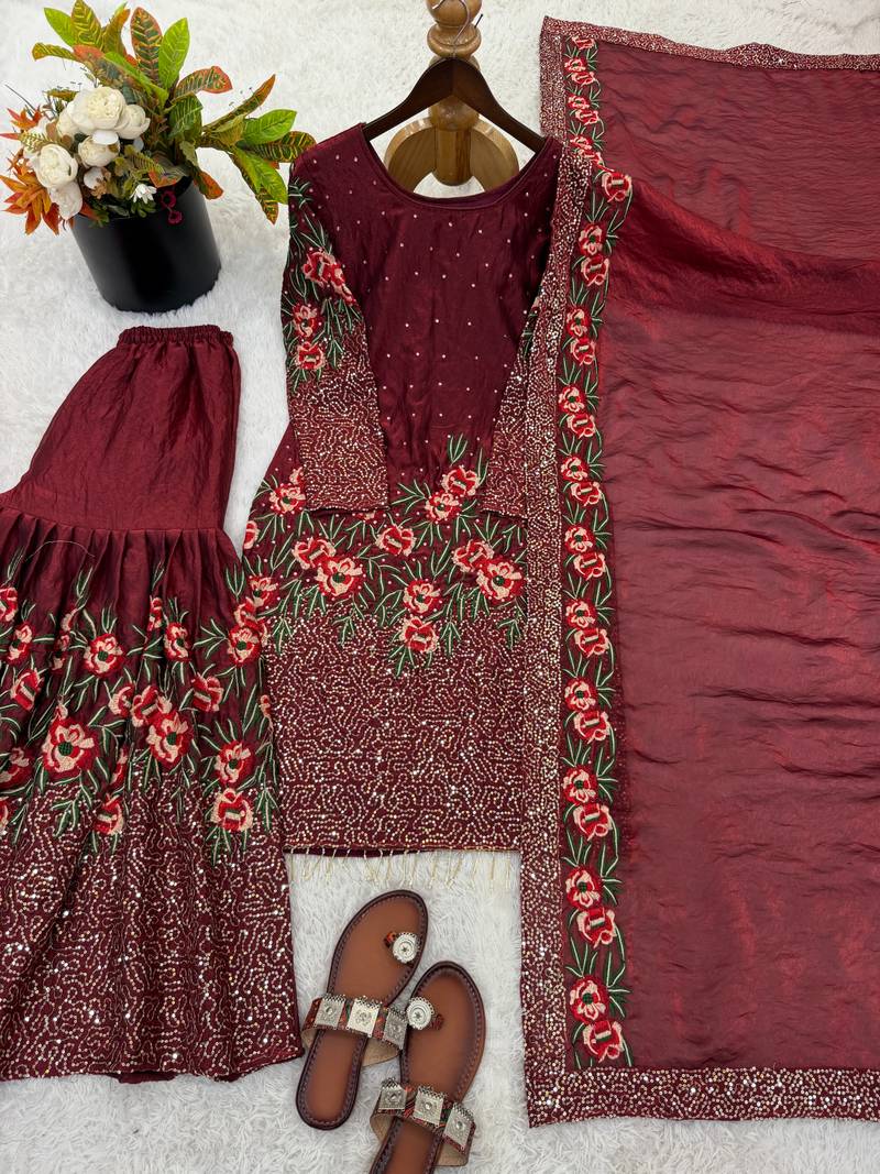 maroon silk festive kurta set