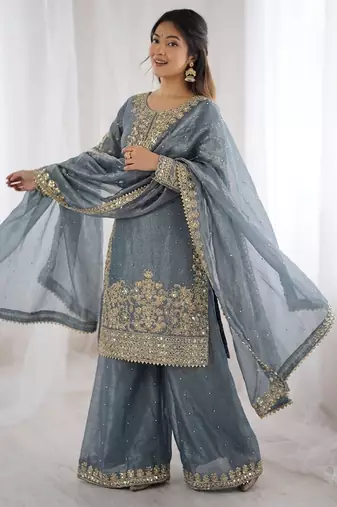 grey silk festive kurta set